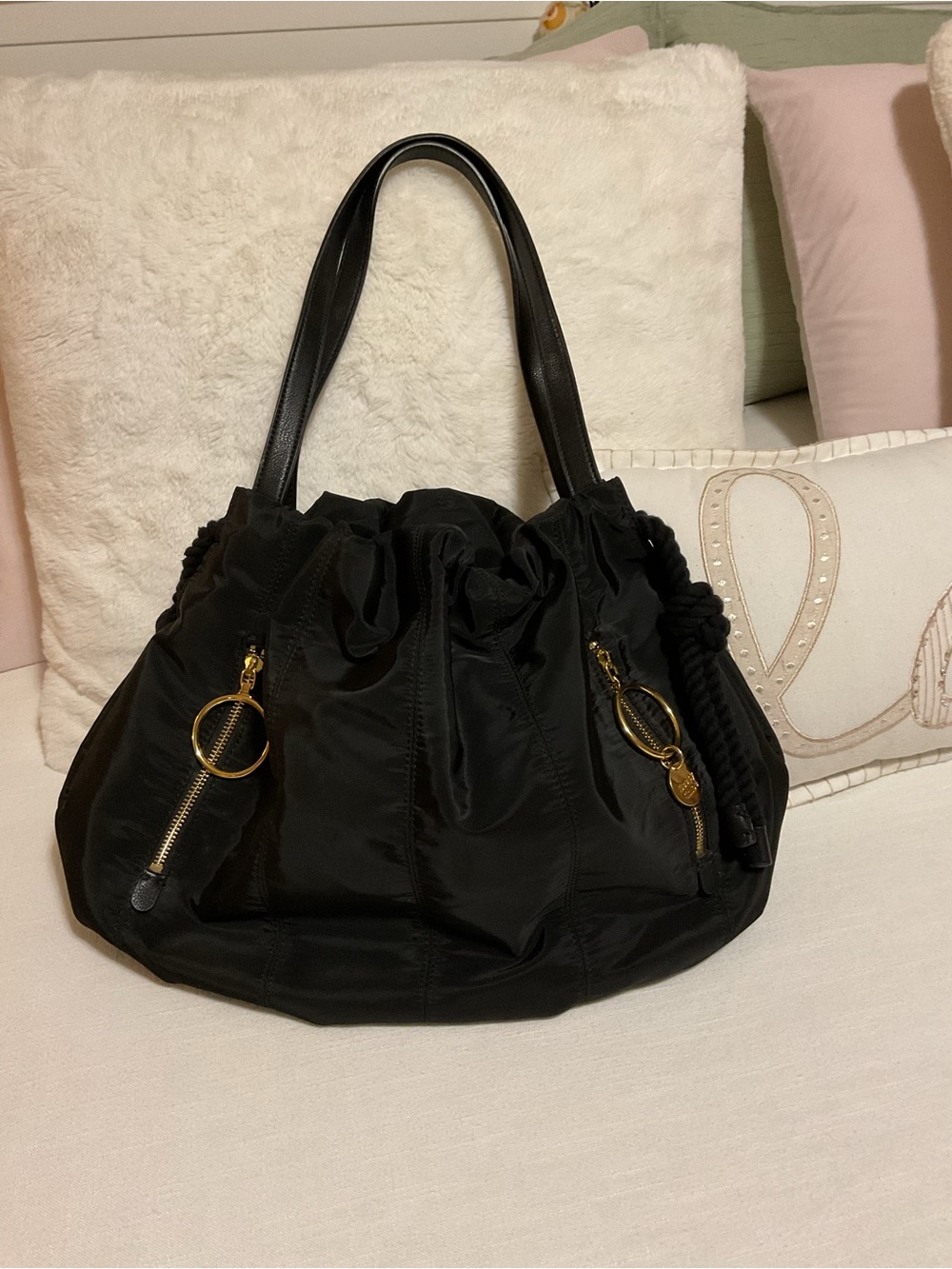 See By Chloe Flo- Black Nylon Shoulder Bag with Gold Ring Charm - Picture 13 of 13